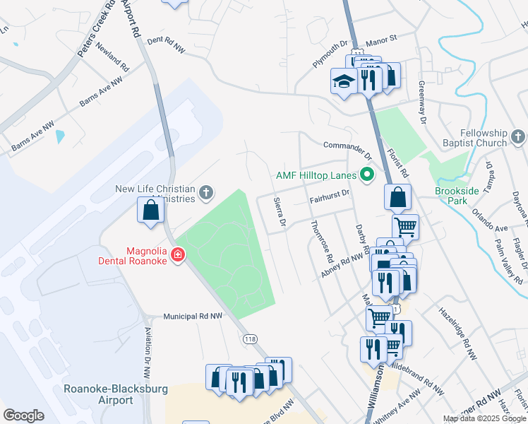 map of restaurants, bars, coffee shops, grocery stores, and more near 5833 Santa Anita Terrace in Roanoke