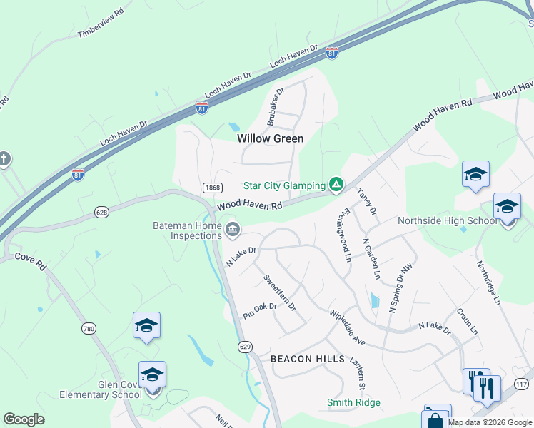 map of restaurants, bars, coffee shops, grocery stores, and more near 5403 Deer Park Drive in Roanoke