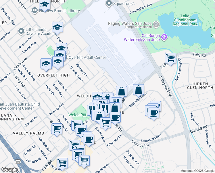 map of restaurants, bars, coffee shops, grocery stores, and more near 1842 Quimby Road in San Jose