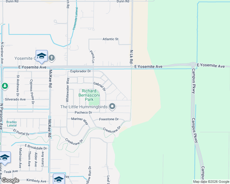 map of restaurants, bars, coffee shops, grocery stores, and more near 2405 Explorador Drive in Merced