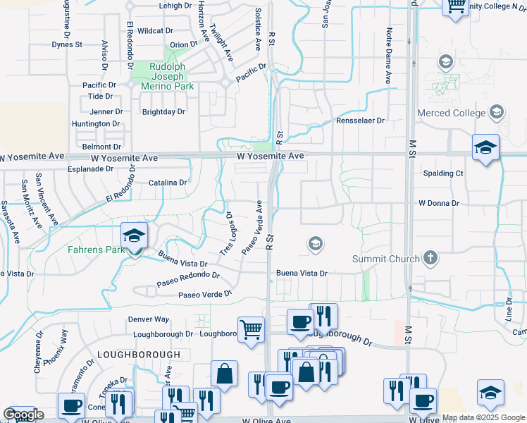 map of restaurants, bars, coffee shops, grocery stores, and more near 3500 Paseo Verde Avenue in Merced
