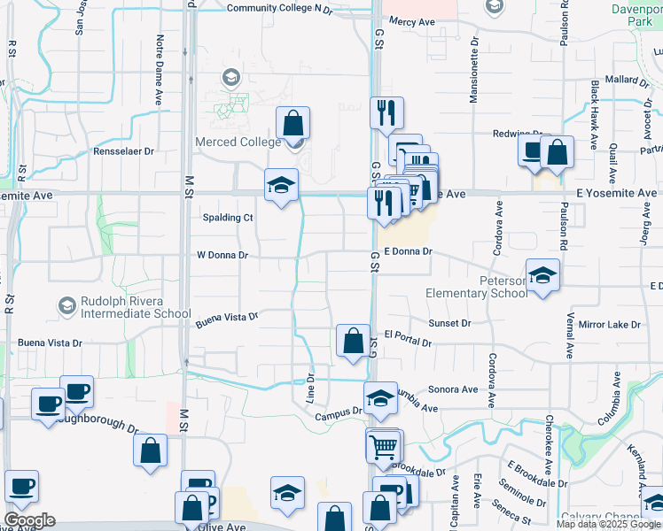 map of restaurants, bars, coffee shops, grocery stores, and more near 154 Snowmass Court in Merced