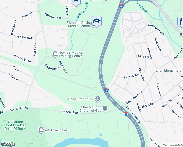 map of restaurants, bars, coffee shops, grocery stores, and more near 14107 Elkington Drive in Chester