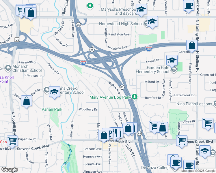 map of restaurants, bars, coffee shops, grocery stores, and more near 21719 Beaven Drive in Cupertino