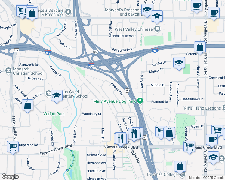 map of restaurants, bars, coffee shops, grocery stores, and more near 21719 Beaven Drive in Cupertino