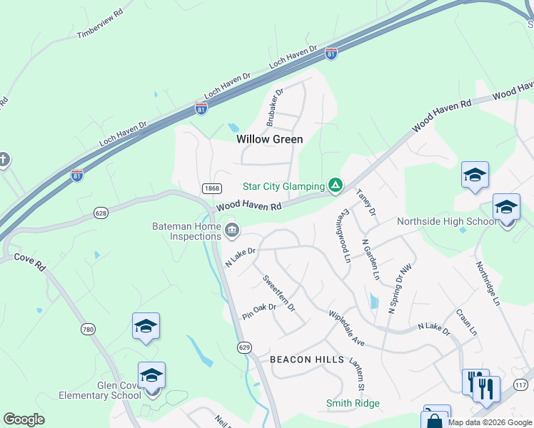 map of restaurants, bars, coffee shops, grocery stores, and more near 5403 Deer Park Drive in Roanoke