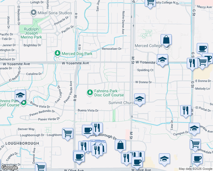map of restaurants, bars, coffee shops, grocery stores, and more near 3440 La Jolla Way in Merced