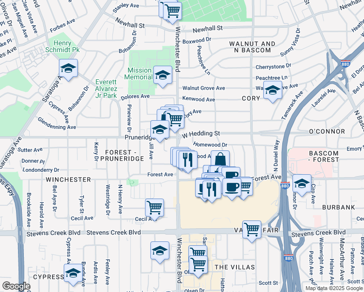 map of restaurants, bars, coffee shops, grocery stores, and more near 706 North Winchester Boulevard in San Jose