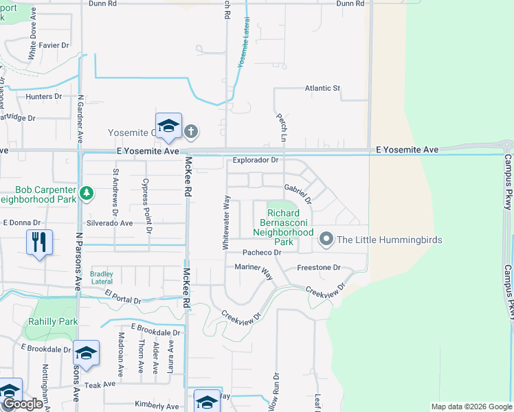 map of restaurants, bars, coffee shops, grocery stores, and more near 3773 De Soto Way in Merced