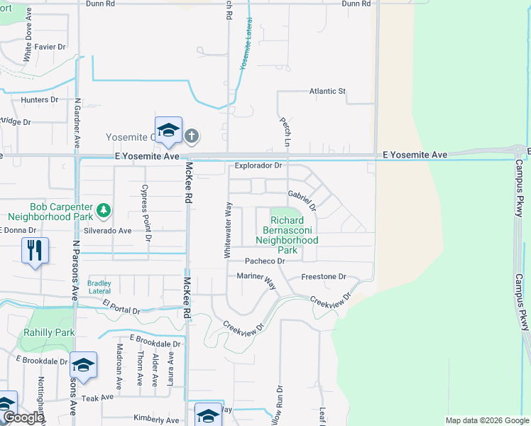 map of restaurants, bars, coffee shops, grocery stores, and more near 3773 De Soto Way in Merced