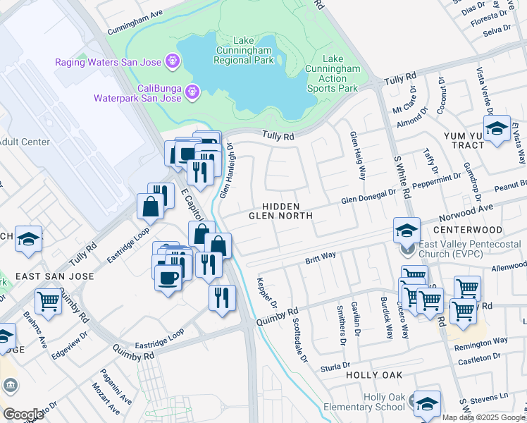 map of restaurants, bars, coffee shops, grocery stores, and more near 2699 Glen Hardy Court in San Jose