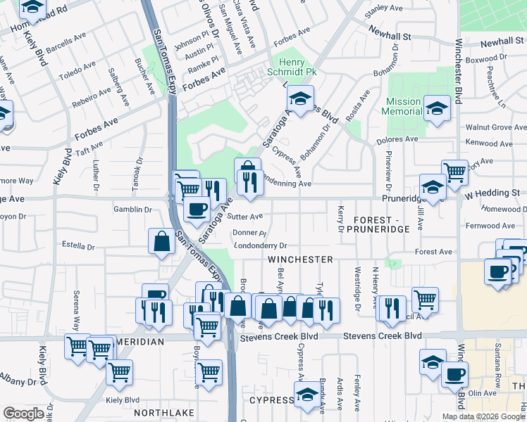 map of restaurants, bars, coffee shops, grocery stores, and more near 242 Harold Avenue in Santa Clara