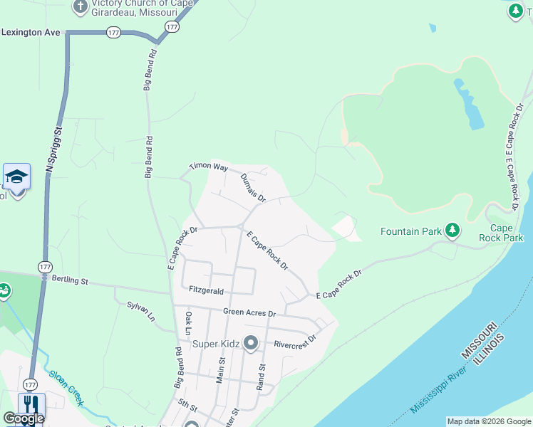 map of restaurants, bars, coffee shops, grocery stores, and more near 260 Capaha Trail in Cape Girardeau