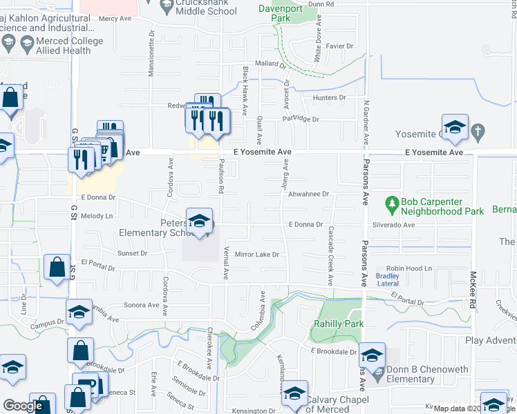 map of restaurants, bars, coffee shops, grocery stores, and more near 1132 Brownie Court in Merced