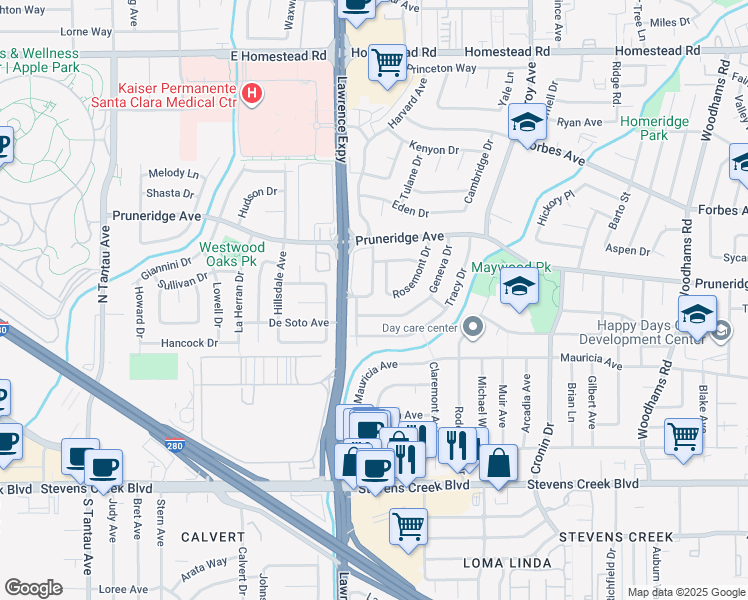 map of restaurants, bars, coffee shops, grocery stores, and more near 3523 Geneva Drive in Santa Clara