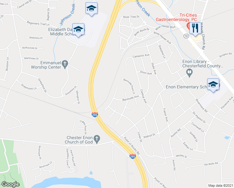 map of restaurants, bars, coffee shops, grocery stores, and more near 14211 Santell Drive in Chester
