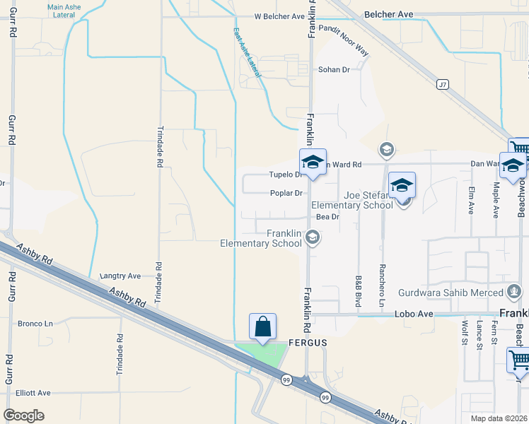 map of restaurants, bars, coffee shops, grocery stores, and more near 3117 Bea Drive in Merced