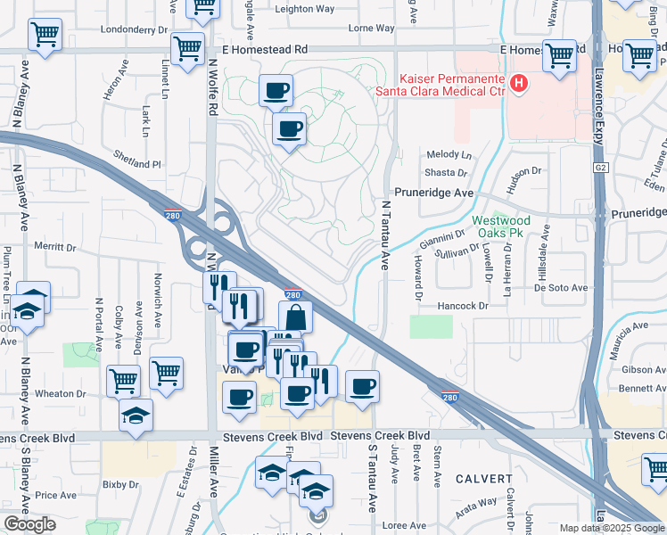 map of restaurants, bars, coffee shops, grocery stores, and more near 10480 Ridgeview Ct in Cupertino