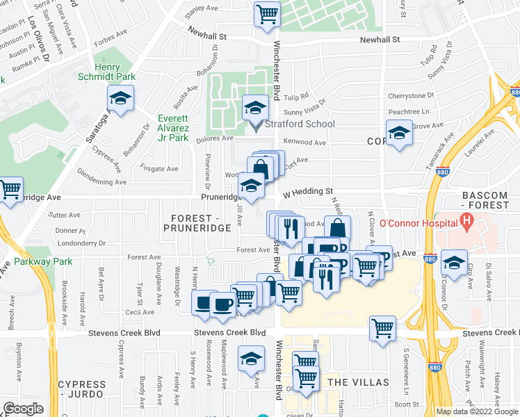 map of restaurants, bars, coffee shops, grocery stores, and more near 100 North Winchester Boulevard in Santa Clara