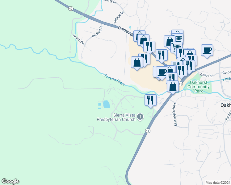 map of restaurants, bars, coffee shops, grocery stores, and more near Victoria Lane in Oakhurst