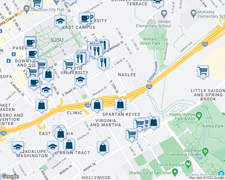 map of restaurants, bars, coffee shops, grocery stores, and more near 739 South 10th Street in San Jose