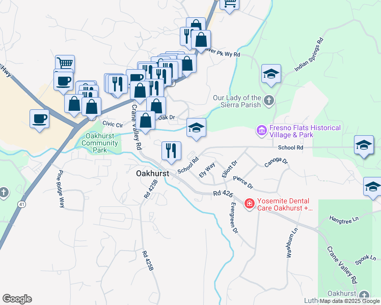 map of restaurants, bars, coffee shops, grocery stores, and more near 49495 High School Road in Oakhurst