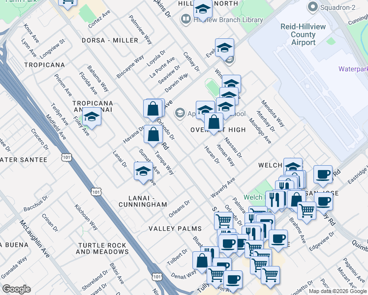 map of restaurants, bars, coffee shops, grocery stores, and more near 1979 Orlando Drive in San Jose