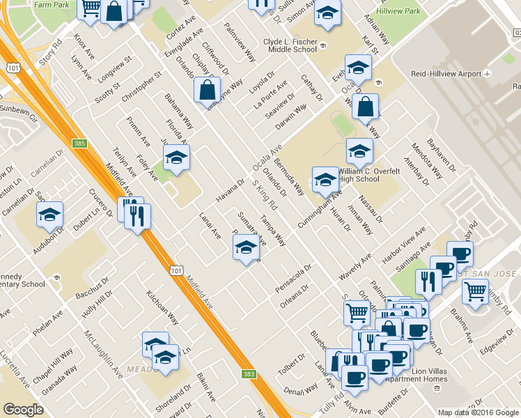 map of restaurants, bars, coffee shops, grocery stores, and more near 1892 Tampa Way in San Jose