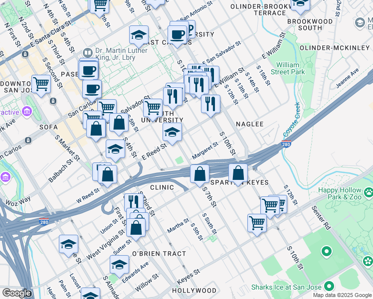 map of restaurants, bars, coffee shops, grocery stores, and more near 686 South 7th Street in San Jose