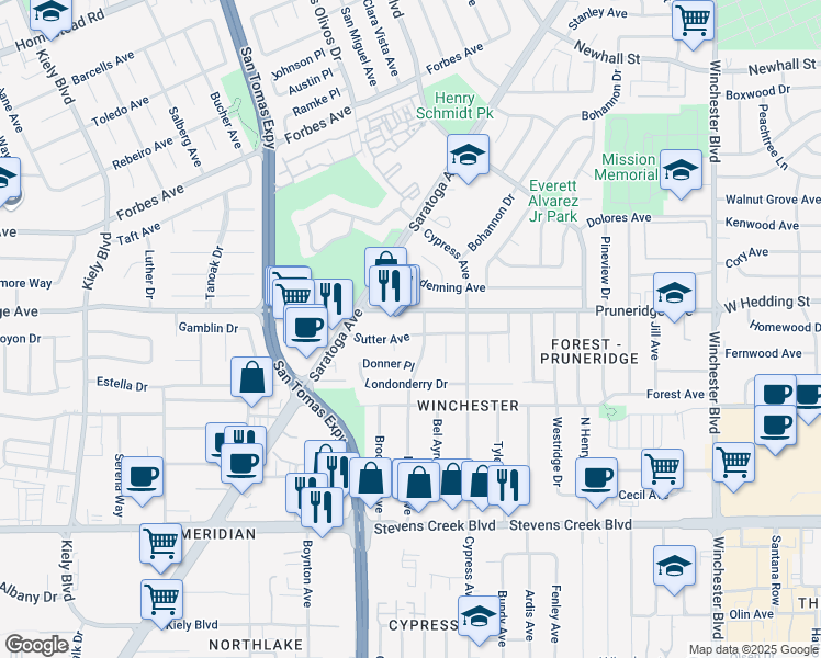map of restaurants, bars, coffee shops, grocery stores, and more near 242 Harold Avenue in Santa Clara