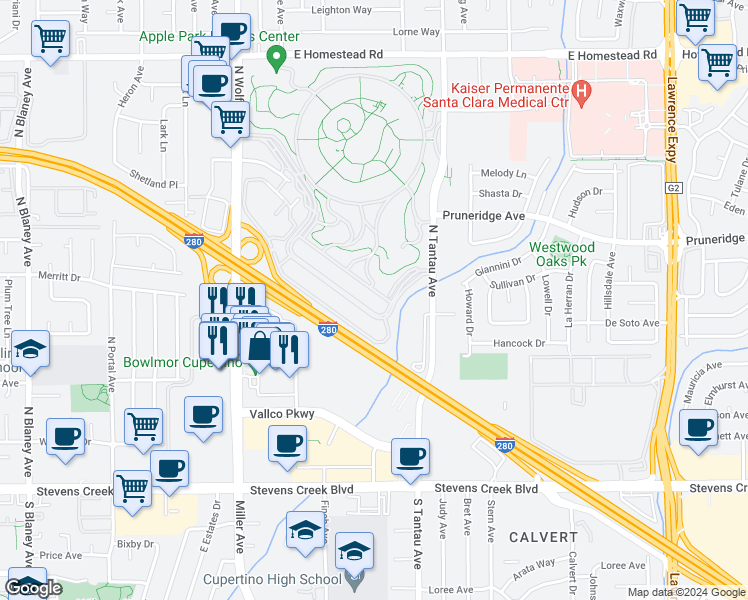 map of restaurants, bars, coffee shops, grocery stores, and more near 10480 Ridgeview Ct in Cupertino