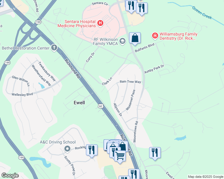 map of restaurants, bars, coffee shops, grocery stores, and more near 146 Rain Tree Way in Williamsburg