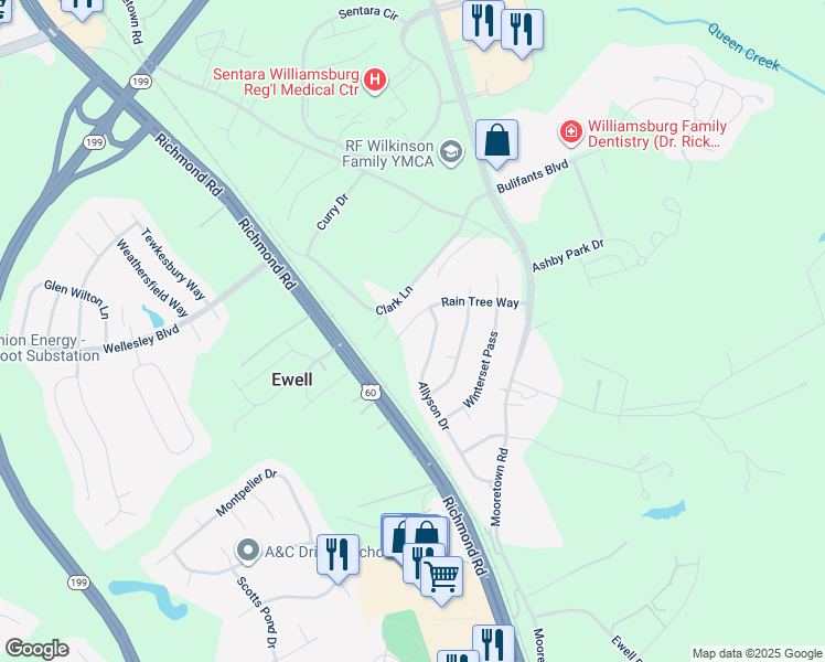 map of restaurants, bars, coffee shops, grocery stores, and more near 146 Rain Tree Way in Williamsburg
