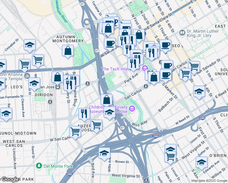 map of restaurants, bars, coffee shops, grocery stores, and more near 300 Park Avenue in San Jose