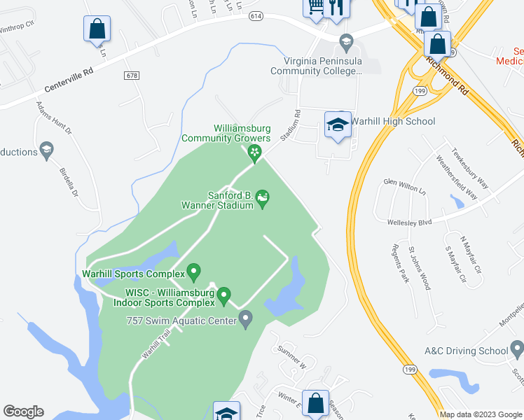 map of restaurants, bars, coffee shops, grocery stores, and more near 4725 Stadium Road in Williamsburg