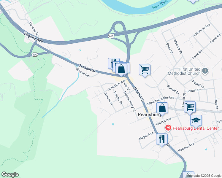 map of restaurants, bars, coffee shops, grocery stores, and more near 413 Painter Street in Pearisburg