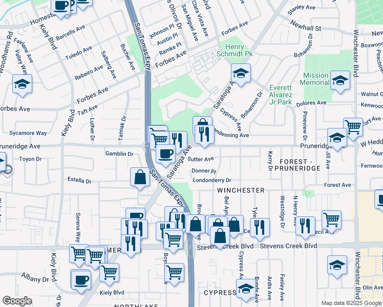 map of restaurants, bars, coffee shops, grocery stores, and more near 2376 Sutter Avenue in Santa Clara
