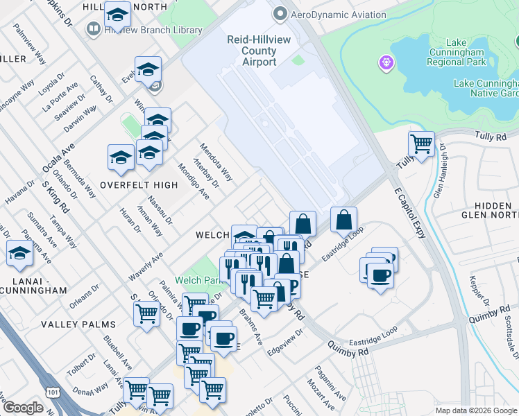 map of restaurants, bars, coffee shops, grocery stores, and more near 1743 Quimby Road in San Jose