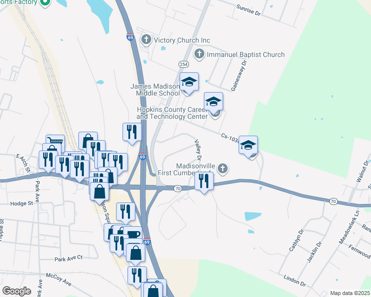 map of restaurants, bars, coffee shops, grocery stores, and more near Hillcrest Drive East in Madisonville
