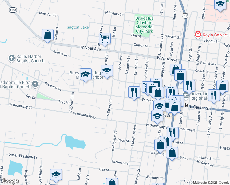 map of restaurants, bars, coffee shops, grocery stores, and more near 400-520 West Center Street in Madisonville