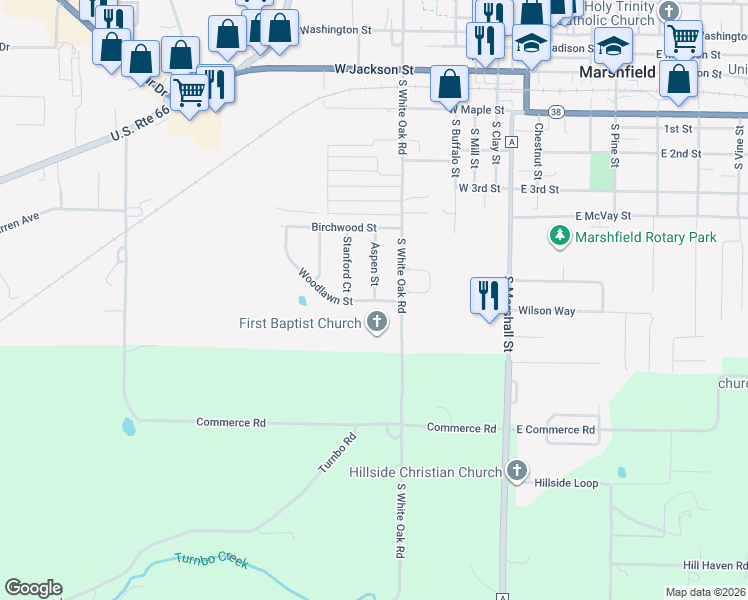 map of restaurants, bars, coffee shops, grocery stores, and more near 799 Aspen Street in Marshfield