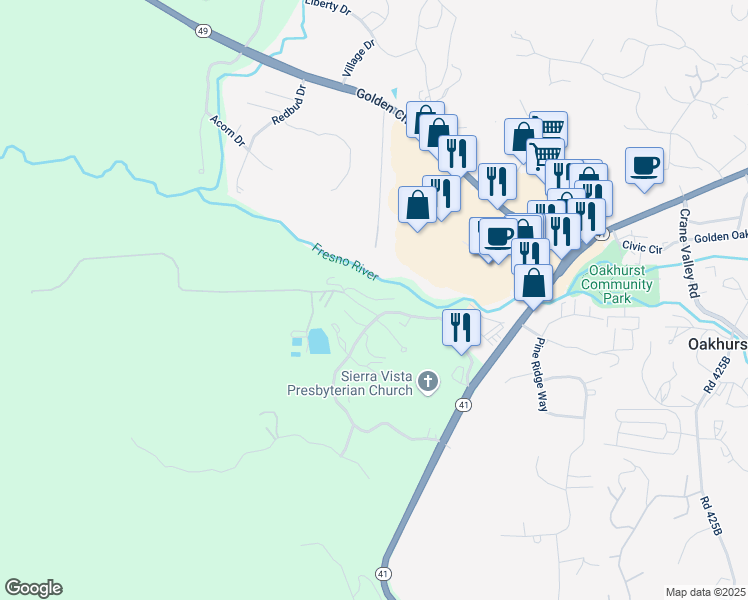 map of restaurants, bars, coffee shops, grocery stores, and more near 48477 Black Oak River Road in Oakhurst