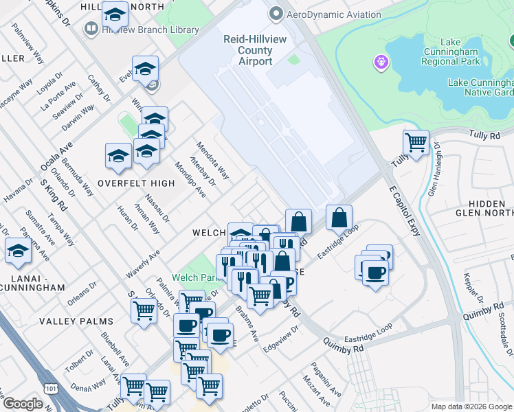 map of restaurants, bars, coffee shops, grocery stores, and more near 1743 Quimby Road in San Jose