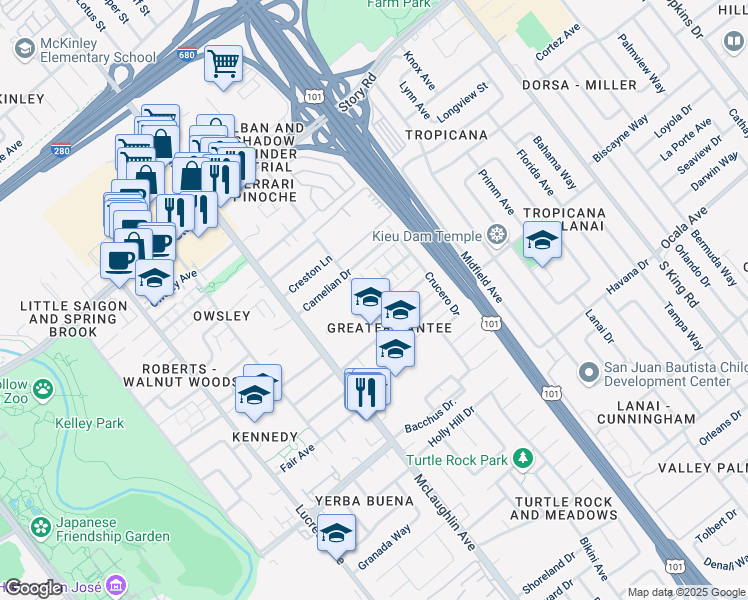 map of restaurants, bars, coffee shops, grocery stores, and more near 1351 Tami Lee Drive in San Jose
