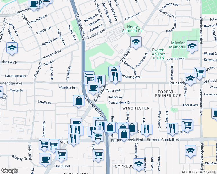 map of restaurants, bars, coffee shops, grocery stores, and more near 2376 Sutter Avenue in Santa Clara