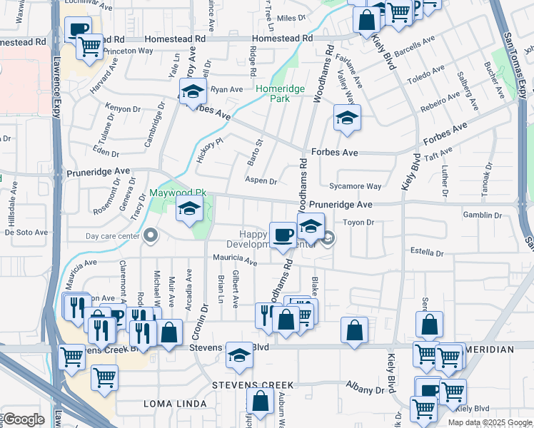 map of restaurants, bars, coffee shops, grocery stores, and more near 346 Hayes Avenue in Santa Clara