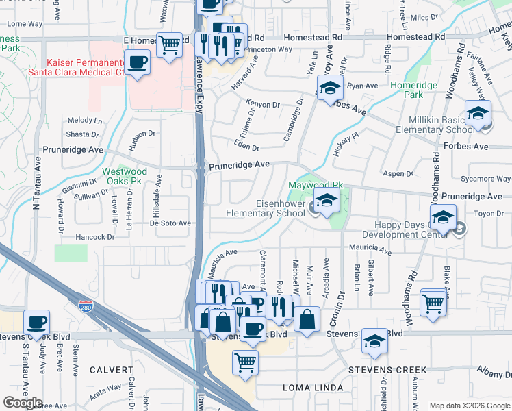 map of restaurants, bars, coffee shops, grocery stores, and more near 3422 Geneva Drive in Santa Clara