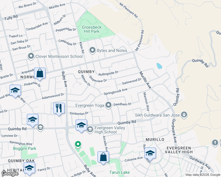 map of restaurants, bars, coffee shops, grocery stores, and more near 3589 Springbrook Avenue in San Jose