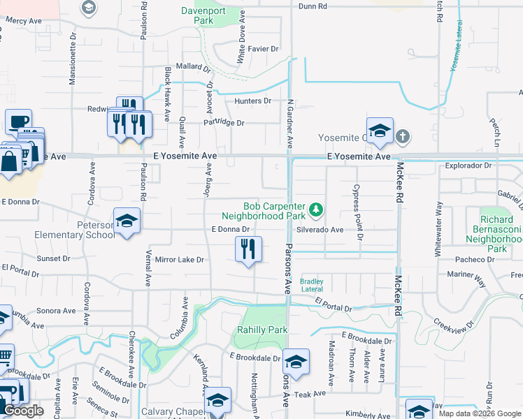 map of restaurants, bars, coffee shops, grocery stores, and more near 1325 Silhouette in Merced