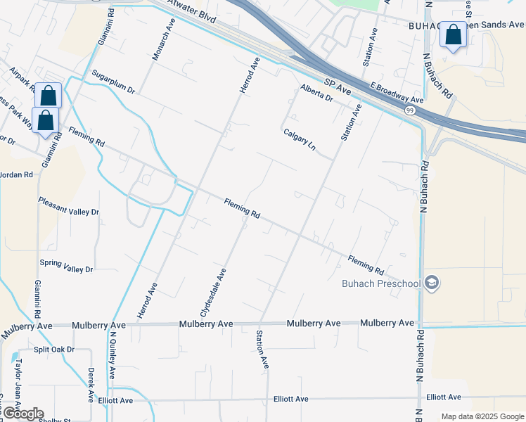 map of restaurants, bars, coffee shops, grocery stores, and more near 5548 Fleming Road in Atwater